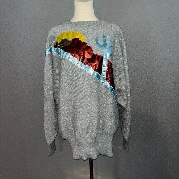 Vintage 80'S METALLIC AWARD DESIGN WESTERN APPAREL SILVER & LAME CACTUS DESIGN L - Picture 1 of 12